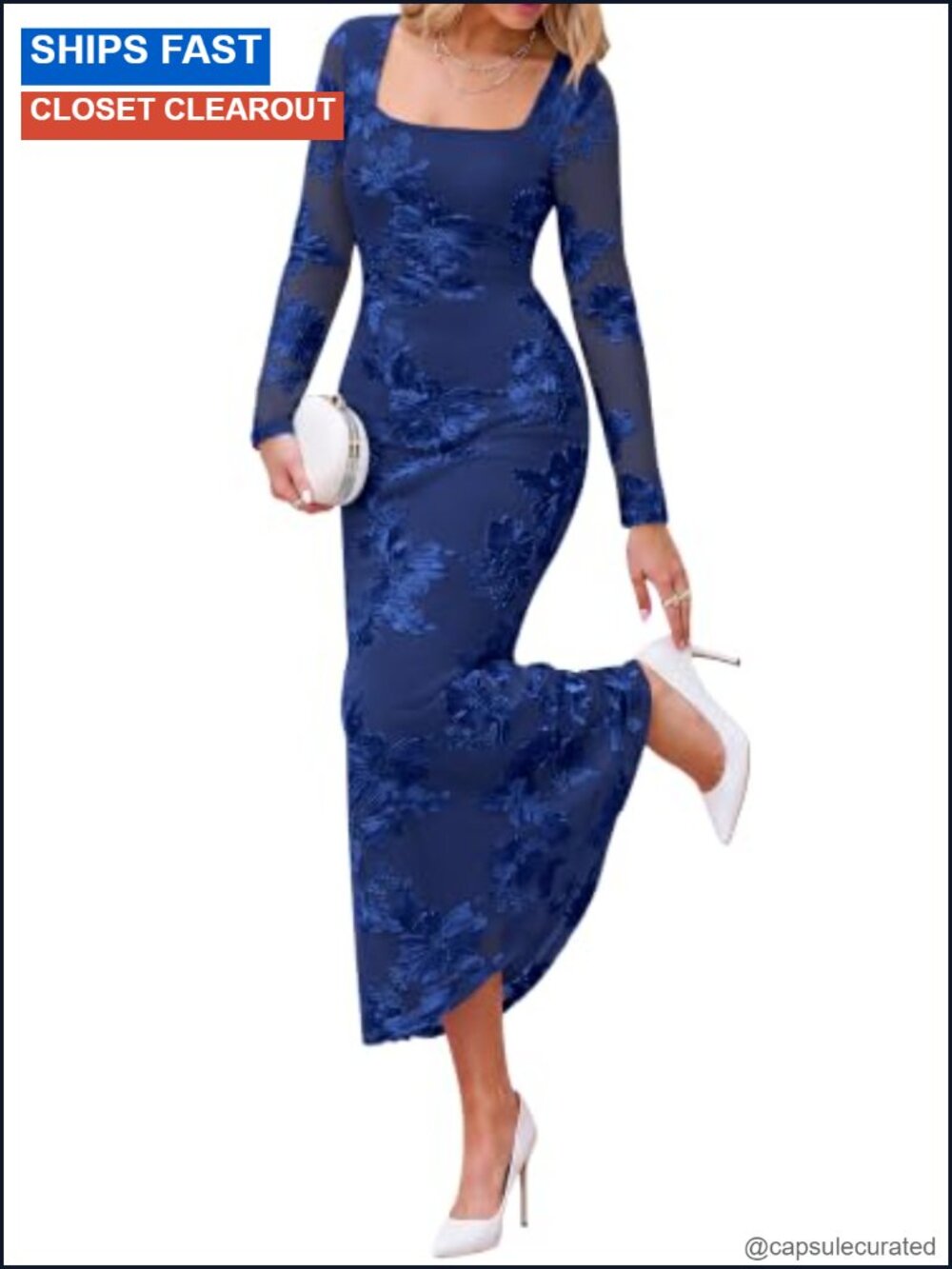 Women's Long Sleeve Bodycon Mesh Maxi Dress Floral Mermaid Wedding Guest